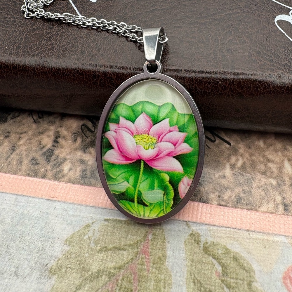 Handmade Pink Lotus Necklace Stainless Steel 18” Floral Pendant Boho